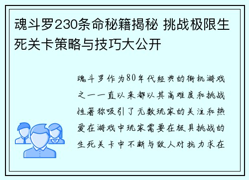 魂斗罗230条命秘籍揭秘 挑战极限生死关卡策略与技巧大公开
